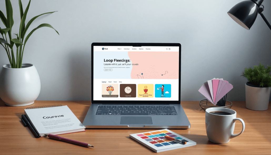 Bright modern workspace with laptop showing a colorful website layout, surrounded by sketchpad, color swatches, and coffee cup, symbolizing DIY web...