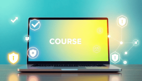 A modern laptop showing a professional online course site with glowing checkmarks, shield icons, and connected nodes on a soft blue-green background.