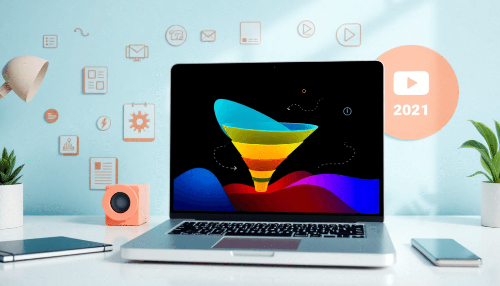 Modern workspace with laptop showing abstract funnel graphics, surrounded by digital marketing icons like checklists and video buttons, in vibrant ...