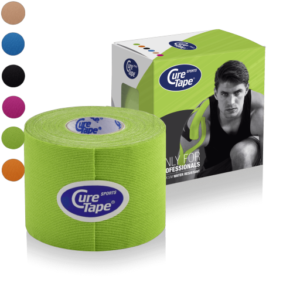 Roll of green tape with the box packaging behind. the colour options are indicated as dots on the left hand side of the image.